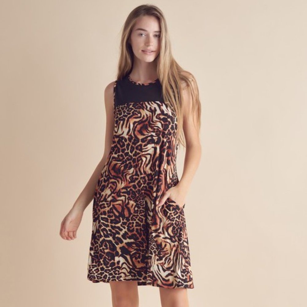 Yelete Full Size Animal Print Round Neck Sleeveless Dress with Pockets